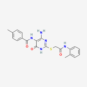 molecular formula C21H21N5O3S B2376984 N-(4-amino-6-oxo-2-((2-oxo-2-(o-tolylamino)ethyl)thio)-1,6-dihydropyrimidin-5-yl)-4-methylbenzamide CAS No. 888422-87-5