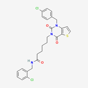 molecular formula C26H25Cl2N3O3S B2377030 N-[(2-chlorophenyl)methyl]-6-{1-[(4-chlorophenyl)methyl]-2,4-dioxo-1H,2H,3H,4H-thieno[3,2-d]pyrimidin-3-yl}hexanamide CAS No. 866013-53-8