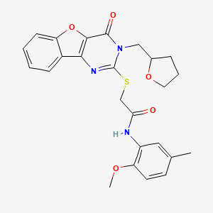 molecular formula C25H25N3O5S B2377045 N-(2-methoxy-5-methylphenyl)-2-{[4-oxo-3-(tetrahydrofuran-2-ylmethyl)-3,4-dihydro[1]benzofuro[3,2-d]pyrimidin-2-yl]sulfanyl}acetamide CAS No. 899755-03-4