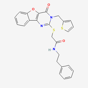 molecular formula C25H21N3O3S2 B2377172 2-{[4-oxo-3-(thiophen-2-ylmethyl)-3,4-dihydro[1]benzofuro[3,2-d]pyrimidin-2-yl]sulfanyl}-N-(2-phenylethyl)acetamide CAS No. 900002-67-7