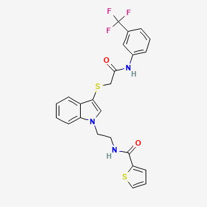 molecular formula C24H20F3N3O2S2 B2377230 N-(2-(3-((2-oxo-2-((3-(trifluoromethyl)phenyl)amino)ethyl)thio)-1H-indol-1-yl)ethyl)thiophene-2-carboxamide CAS No. 851715-20-3