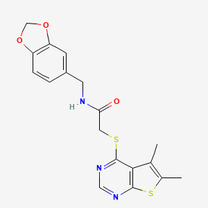 molecular formula C18H17N3O3S2 B2377286 N-(benzo[d][1,3]dioxol-5-ylmethyl)-2-((5,6-dimethylthieno[2,3-d]pyrimidin-4-yl)thio)acetamide CAS No. 460727-31-5