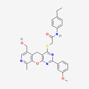 molecular formula C29H28N4O4S B2377346 N-(4-ethylphenyl)-2-[[11-(hydroxymethyl)-5-(3-methoxyphenyl)-14-methyl-2-oxa-4,6,13-triazatricyclo[8.4.0.03,8]tetradeca-1(10),3(8),4,6,11,13-hexaen-7-yl]sulfanyl]acetamide CAS No. 892381-40-7