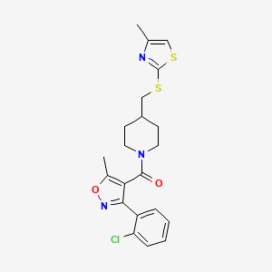 molecular formula C21H22ClN3O2S2 B2377415 (3-(2-Chlorophenyl)-5-methylisoxazol-4-yl)(4-(((4-methylthiazol-2-yl)thio)methyl)piperidin-1-yl)methanone CAS No. 1421516-97-3