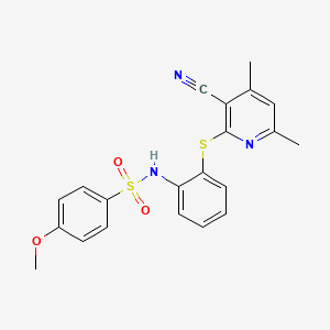 molecular formula C21H19N3O3S2 B2377492 N-{2-[(3-cyano-4,6-dimethyl-2-pyridinyl)sulfanyl]phenyl}-4-methoxybenzenesulfonamide CAS No. 478033-63-5