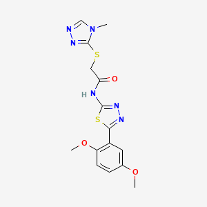 molecular formula C15H16N6O3S2 B2377711 N-[5-(2,5-dimethoxyphenyl)-1,3,4-thiadiazol-2-yl]-2-[(4-methyl-4H-1,2,4-triazol-3-yl)sulfanyl]acetamide CAS No. 394232-28-1
