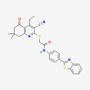 molecular formula C29H26N4O2S2 B2377887 N-(4-(benzo[d]thiazol-2-yl)phenyl)-2-((3-cyano-4-ethyl-7,7-dimethyl-5-oxo-5,6,7,8-tetrahydroquinolin-2-yl)thio)acetamide CAS No. 690962-14-2