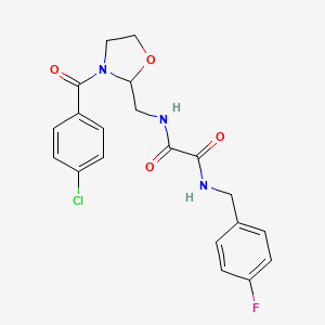 molecular formula C20H19ClFN3O4 B2377914 N-{[3-(4-chlorobenzoyl)-1,3-oxazolidin-2-yl]methyl}-N'-[(4-fluorophenyl)methyl]ethanediamide CAS No. 874805-03-5