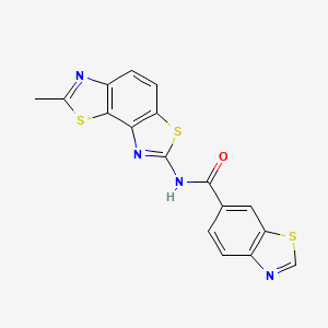 molecular formula C17H10N4OS3 B2378045 N-{4-methyl-3,10-dithia-5,12-diazatricyclo[7.3.0.0^{2,6}]dodeca-1(9),2(6),4,7,11-pentaen-11-yl}-1,3-benzothiazole-6-carboxamide CAS No. 681173-90-0