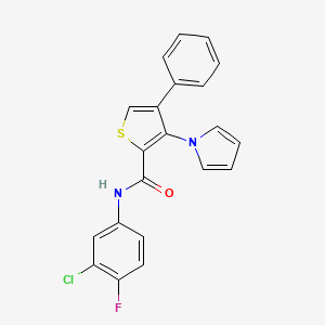 molecular formula C21H14ClFN2OS B2378075 N-(3-chloro-4-fluorophenyl)-4-phenyl-3-(1H-pyrrol-1-yl)thiophene-2-carboxamide CAS No. 1357824-51-1