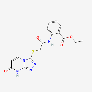 molecular formula C16H15N5O4S B2378117 Ethyl 2-(2-((7-oxo-7,8-dihydro-[1,2,4]triazolo[4,3-a]pyrimidin-3-yl)thio)acetamido)benzoate CAS No. 877638-28-3