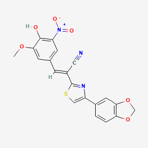 molecular formula C20H13N3O6S B2378146 (E)-2-(4-(benzo[d][1,3]dioxol-5-yl)thiazol-2-yl)-3-(4-hydroxy-3-methoxy-5-nitrophenyl)acrylonitrile CAS No. 683255-19-8