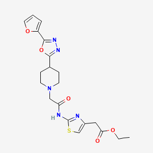 molecular formula C20H23N5O5S B2378201 Ethyl 2-(2-(2-(4-(5-(furan-2-yl)-1,3,4-oxadiazol-2-yl)piperidin-1-yl)acetamido)thiazol-4-yl)acetate CAS No. 1251708-36-7