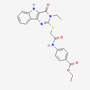 molecular formula C23H22N4O4S B2378258 ethyl 4-[2-({3-ethyl-4-oxo-3H,4H,5H-pyrimido[5,4-b]indol-2-yl}sulfanyl)acetamido]benzoate CAS No. 888460-99-9
