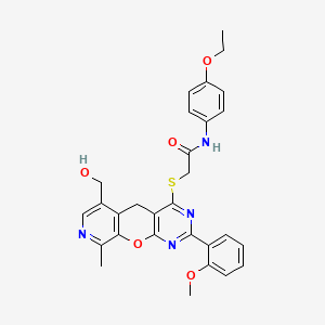 molecular formula C29H28N4O5S B2378259 N-(4-ethoxyphenyl)-2-[[11-(hydroxymethyl)-5-(2-methoxyphenyl)-14-methyl-2-oxa-4,6,13-triazatricyclo[8.4.0.03,8]tetradeca-1(10),3(8),4,6,11,13-hexaen-7-yl]sulfanyl]acetamide CAS No. 892380-32-4