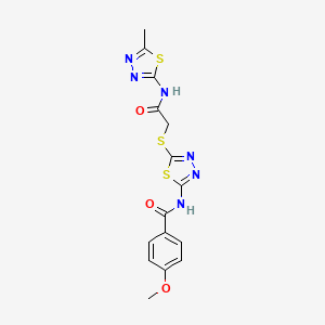 molecular formula C15H14N6O3S3 B2378750 4-methoxy-N-[5-[2-[(5-methyl-1,3,4-thiadiazol-2-yl)amino]-2-oxoethyl]sulfanyl-1,3,4-thiadiazol-2-yl]benzamide CAS No. 392319-18-5