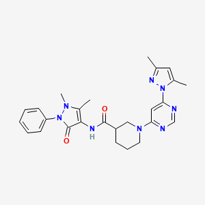 molecular formula C26H30N8O2 B2378777 1-(6-(3,5-dimethyl-1H-pyrazol-1-yl)pyrimidin-4-yl)-N-(1,5-dimethyl-3-oxo-2-phenyl-2,3-dihydro-1H-pyrazol-4-yl)piperidine-3-carboxamide CAS No. 1334372-34-7