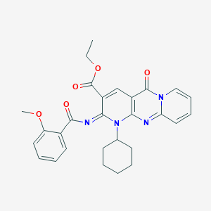 molecular formula C28H28N4O5 B2378779 ethyl 7-cyclohexyl-6-(2-methoxybenzoyl)imino-2-oxo-1,7,9-triazatricyclo[8.4.0.03,8]tetradeca-3(8),4,9,11,13-pentaene-5-carboxylate CAS No. 534579-27-6
