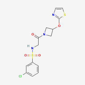 molecular formula C14H14ClN3O4S2 B2378819 3-chloro-N-(2-oxo-2-(3-(thiazol-2-yloxy)azetidin-1-yl)ethyl)benzenesulfonamide CAS No. 1797182-71-8
