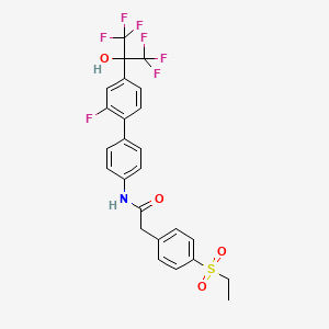 molecular formula C25H20F7NO4S B2378889 2-(4-ethylsulfonylphenyl)-N-[4-[2-fluoro-4-(1,1,1,3,3,3-hexafluoro-2-hydroxypropan-2-yl)phenyl]phenyl]acetamide CAS No. 2349368-16-5