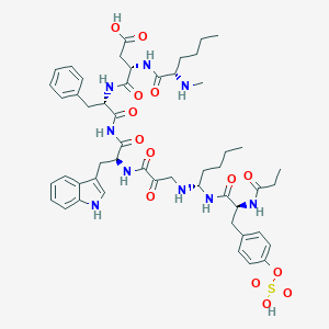 molecular formula C51H67N9O14S B237903 (3S)-4-[[(2S)-1-[[(2S)-3-(1H-indol-3-yl)-2-[[2-oxo-3-[[(1S)-1-[[(2S)-2-(propanoylamino)-3-(4-sulfooxyphenyl)propanoyl]amino]pentyl]amino]propanoyl]amino]propanoyl]amino]-1-oxo-3-phenylpropan-2-yl]amino]-3-[[(2S)-2-(methylamino)hexanoyl]amino]-4-oxobutanoi CAS No. 131167-65-2