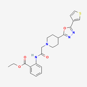 Ethyl 2-(2-(4-(5-(thiophen-3-yl)-1,3,4-oxadiazol-2-yl)piperidin-1-yl)acetamido)benzoate
