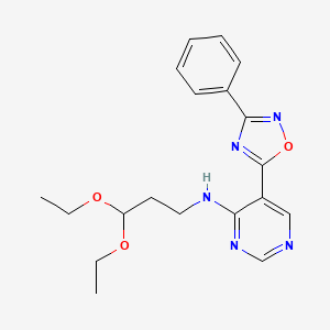 molecular formula C19H23N5O3 B2379298 N-(3,3-diethoxypropyl)-5-(3-phenyl-1,2,4-oxadiazol-5-yl)pyrimidin-4-amine CAS No. 2034570-49-3