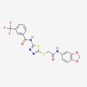 molecular formula C19H13F3N4O4S2 B2379305 N-(5-((2-(benzo[d][1,3]dioxol-5-ylamino)-2-oxoethyl)thio)-1,3,4-thiadiazol-2-yl)-3-(trifluoromethyl)benzamide CAS No. 868973-48-2