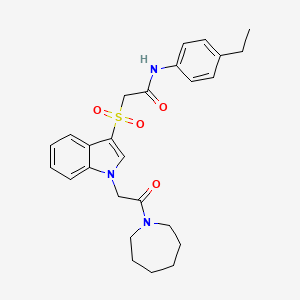 molecular formula C26H31N3O4S B2379310 2-((1-(2-(azepan-1-yl)-2-oxoethyl)-1H-indol-3-yl)sulfonyl)-N-(4-ethylphenyl)acetamide CAS No. 878058-99-2