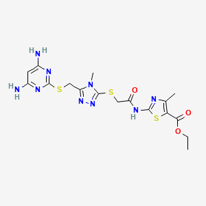 molecular formula C17H21N9O3S3 B2379528 ethyl 2-(2-((5-(((4,6-diaminopyrimidin-2-yl)thio)methyl)-4-methyl-4H-1,2,4-triazol-3-yl)thio)acetamido)-4-methylthiazole-5-carboxylate CAS No. 877819-08-4