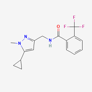 molecular formula C16H16F3N3O B2379621 N-((5-cyclopropyl-1-methyl-1H-pyrazol-3-yl)methyl)-2-(trifluoromethyl)benzamide CAS No. 1448131-48-3