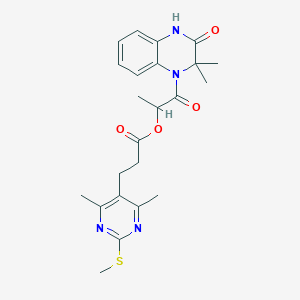 molecular formula C23H28N4O4S B2379665 1-(2,2-Dimethyl-3-oxo-1,2,3,4-tetrahydroquinoxalin-1-yl)-1-oxopropan-2-yl 3-[4,6-dimethyl-2-(methylsulfanyl)pyrimidin-5-yl]propanoate CAS No. 1111585-04-6