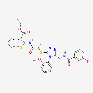 molecular formula C30H30FN5O5S2 B2379676 ETHYL 2-{2-[(5-{[(3-FLUOROPHENYL)FORMAMIDO]METHYL}-4-(2-METHOXYPHENYL)-4H-1,2,4-TRIAZOL-3-YL)SULFANYL]PROPANAMIDO}-4H,5H,6H-CYCLOPENTA[B]THIOPHENE-3-CARBOXYLATE CAS No. 393817-80-6