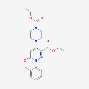 molecular formula C21H26N4O5 B2379692 Ethyl 4-(4-(ethoxycarbonyl)piperazin-1-yl)-6-oxo-1-(o-tolyl)-1,6-dihydropyridazine-3-carboxylate CAS No. 922014-86-6