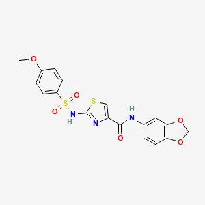 molecular formula C18H15N3O6S2 B2379709 N-(benzo[d][1,3]dioxol-5-yl)-2-(4-methoxyphenylsulfonamido)thiazole-4-carboxamide CAS No. 1021098-31-6