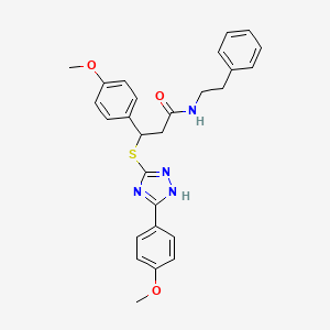 molecular formula C27H28N4O3S B2379788 3-(4-methoxyphenyl)-3-{[5-(4-methoxyphenyl)-4H-1,2,4-triazol-3-yl]sulfanyl}-N-(2-phenylethyl)propanamide CAS No. 877818-89-8
