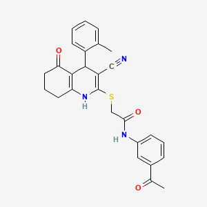 molecular formula C27H25N3O3S B2380006 N-(3-acetylphenyl)-2-{[3-cyano-4-(2-methylphenyl)-5-oxo-1,4,5,6,7,8-hexahydroquinolin-2-yl]sulfanyl}acetamide CAS No. 370855-46-2