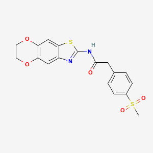 molecular formula C18H16N2O5S2 B2380102 N-(6,7-dihydro-[1,4]dioxino[2,3-f][1,3]benzothiazol-2-yl)-2-(4-methylsulfonylphenyl)acetamide CAS No. 942008-78-8