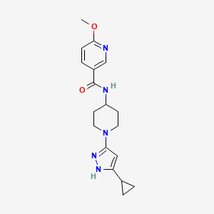 molecular formula C18H23N5O2 B2380480 N-[1-(5-cyclopropyl-1H-pyrazol-3-yl)piperidin-4-yl]-6-methoxypyridine-3-carboxamide CAS No. 2034204-77-6