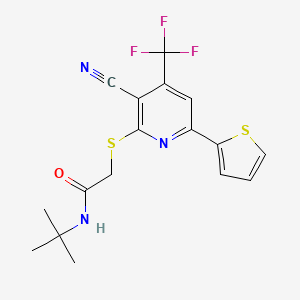 molecular formula C17H16F3N3OS2 B2380657 N-tert-butyl-2-{[3-cyano-6-(thiophen-2-yl)-4-(trifluoromethyl)pyridin-2-yl]sulfanyl}acetamide CAS No. 625375-28-2