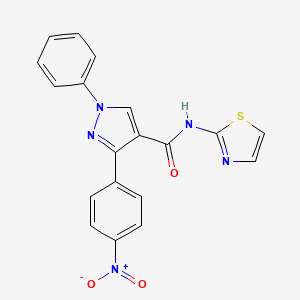 molecular formula C19H13N5O3S B2381100 3-(4-nitrophenyl)-1-phenyl-N-(1,3-thiazol-2-yl)-1H-pyrazole-4-carboxamide CAS No. 882229-02-9