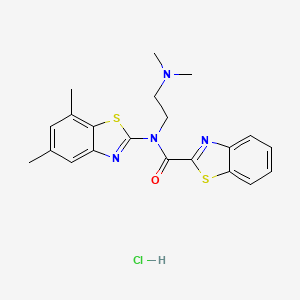 molecular formula C21H23ClN4OS2 B2381309 N-(2-(dimethylamino)ethyl)-N-(5,7-dimethylbenzo[d]thiazol-2-yl)benzo[d]thiazole-2-carboxamide hydrochloride CAS No. 1216791-63-7