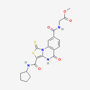 molecular formula C20H20N4O5S2 B2381313 methyl 2-{[3-(cyclopentylcarbamoyl)-5-oxo-1-sulfanylidene-1H,4H,5H-[1,3]thiazolo[3,4-a]quinazolin-8-yl]formamido}acetate CAS No. 896383-36-1