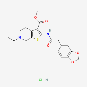 molecular formula C20H23ClN2O5S B2381586 Methyl 2-(2-(benzo[d][1,3]dioxol-5-yl)acetamido)-6-ethyl-4,5,6,7-tetrahydrothieno[2,3-c]pyridine-3-carboxylate hydrochloride CAS No. 1329858-02-7