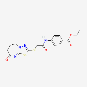 molecular formula C17H18N4O4S2 B2381869 Ethyl 4-(2-((8-oxo-5,6,7,8-tetrahydro-[1,3,4]thiadiazolo[3,2-a][1,3]diazepin-2-yl)thio)acetamido)benzoate CAS No. 450346-66-4