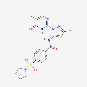 molecular formula C21H24N6O4S B2382109 N-(1-(4,5-dimethyl-6-oxo-1,6-dihydropyrimidin-2-yl)-3-methyl-1H-pyrazol-5-yl)-4-(pyrrolidin-1-ylsulfonyl)benzamide CAS No. 1052608-41-9
