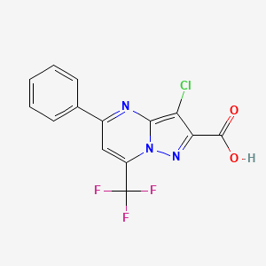 molecular formula C14H7ClF3N3O2 B2382115 3-Chloro-5-phenyl-7-(trifluoromethyl)pyrazolo[1,5-a]pyrimidine-2-carboxylic acid CAS No. 299405-80-4
