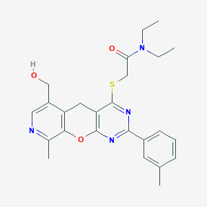 molecular formula C25H28N4O3S B2382675 N,N-diethyl-2-{[11-(hydroxymethyl)-14-methyl-5-(3-methylphenyl)-2-oxa-4,6,13-triazatricyclo[8.4.0.0^{3,8}]tetradeca-1(10),3(8),4,6,11,13-hexaen-7-yl]sulfanyl}acetamide CAS No. 892415-37-1