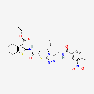 molecular formula C29H36N6O6S2 B2382719 ethyl 2-(2-((4-butyl-5-((4-methyl-3-nitrobenzamido)methyl)-4H-1,2,4-triazol-3-yl)thio)propanamido)-4,5,6,7-tetrahydrobenzo[b]thiophene-3-carboxylate CAS No. 393815-22-0