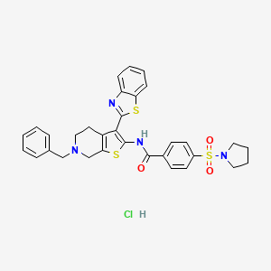 molecular formula C32H31ClN4O3S3 B2382725 N-(3-(benzo[d]thiazol-2-yl)-6-benzyl-4,5,6,7-tetrahydrothieno[2,3-c]pyridin-2-yl)-4-(pyrrolidin-1-ylsulfonyl)benzamide hydrochloride CAS No. 1215571-78-0